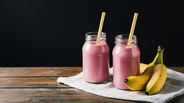 Smoothies de banana com banana amarela em roupas brancas sobre mesa de madeira contra fundo preto