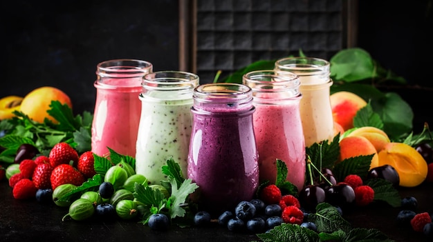 Smoothies de cokctalis de bagas coloridas e batidos com frutas frescas e bagas no foco seletivo do espaço de cópia de mesa marrom