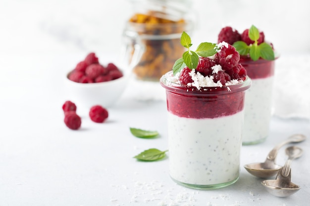 Smoothies de framboesa em camadas com sementes de chia, framboesa fresca e coco em uma pedra clara. Sobremesa útil.