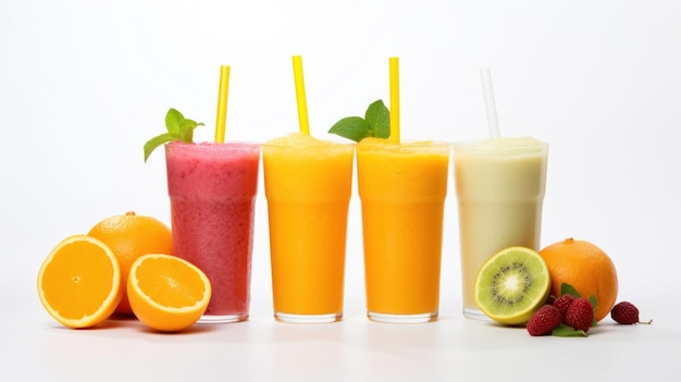 Smoothies de frutas frescas frutas suco de laranja bebida palha em um copo em fundo branco