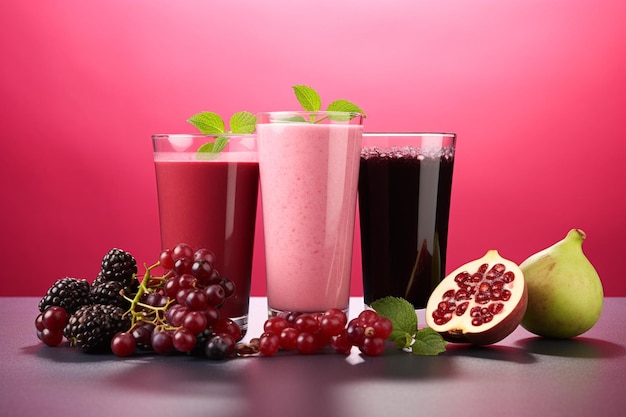 Smoothies de romã, uvas, ameixas e morangos em fundo roxo