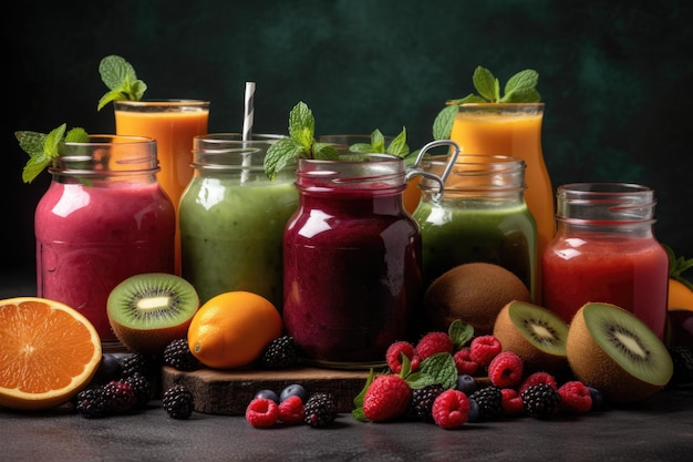 Smoothies e sucos feitos com uma variedade de frutas frescas dos trópicos Generative AI