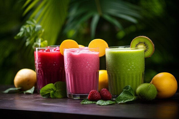 Foto smoothies e sucos feitos de uma variedade de frutas frescas dos trópicos