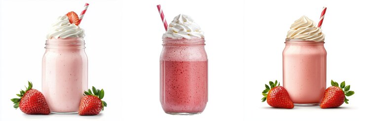 Smoothies de fresa espumosos en frascos de vidrio con crema batida y fresas