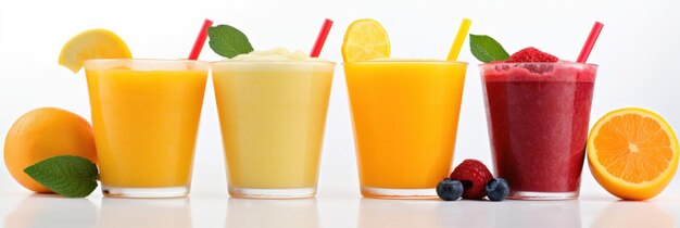 Smoothies de frutas frescas frutas jugo de naranja bebida paja en una taza sobre fondo blanco