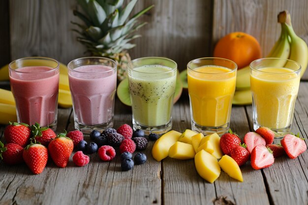 Foto smoothies de frutas en vasos en una mesa de madera