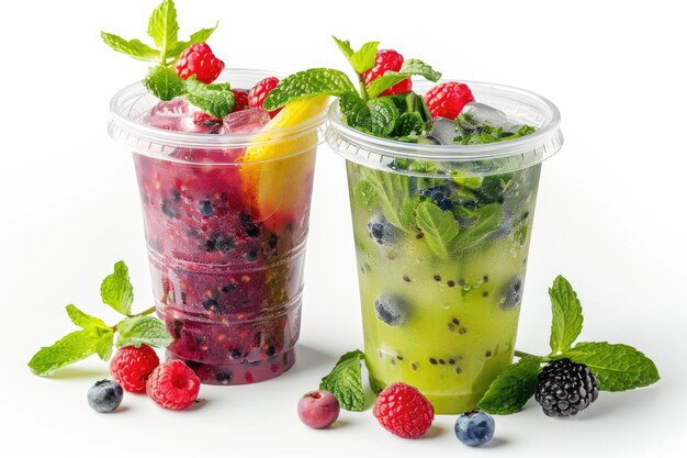Smoothies de frutas en vasos de plástico con sabores de mojito y bayas