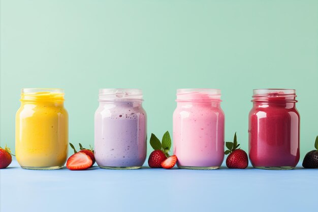 Smoothies de frutas vibrantes en frascos sobre un fondo rosado concepto de dieta saludable y desintoxicación