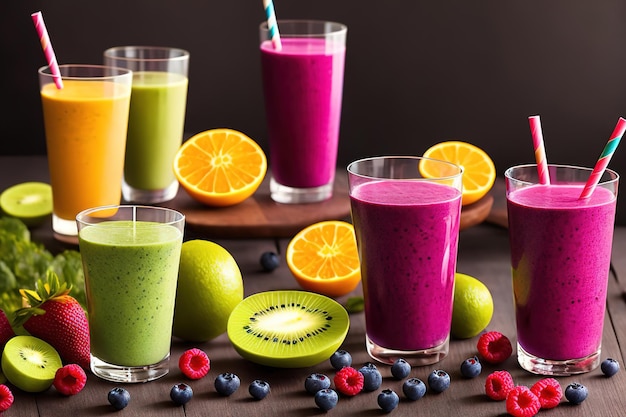 Smoothies multicolores en diferentes vasos de pie en una mesa de madera oscura bayas frutas y verduras se cortan cerca