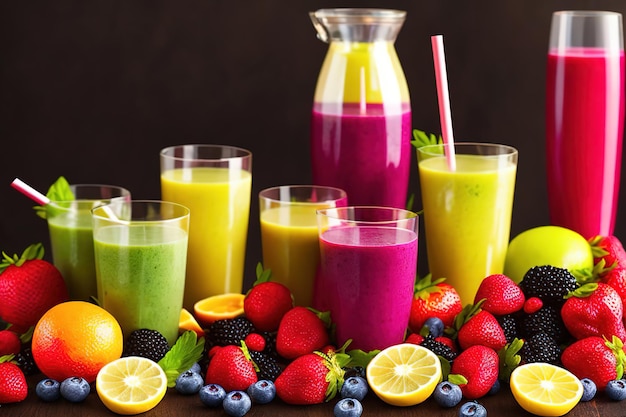 Smoothies multicolores en diferentes vasos de pie en una mesa de madera oscura bayas frutas y verduras se cortan cerca