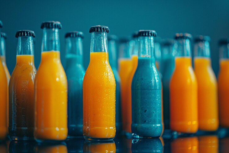Foto smoothies multicoloridos em garrafas de manga