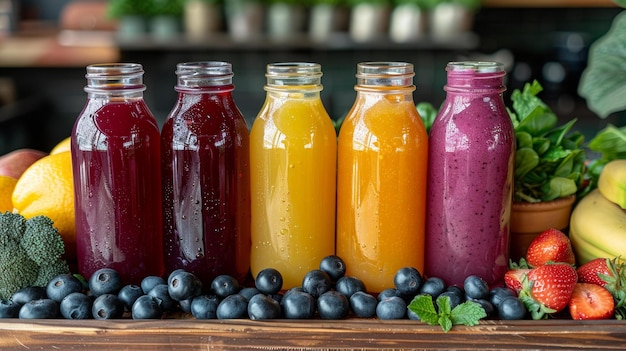 Smoothies ou sucos coloridos em garrafas de vidro aninhados entre frutas e legumes frescos uma exibição nutritiva e convidativa
