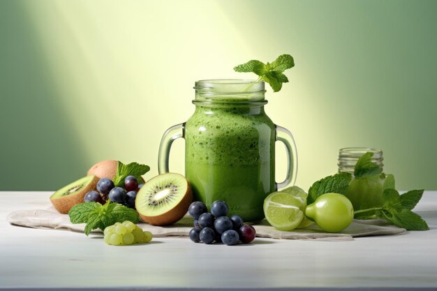 Smoothy verde em frasco de mason e frutas frescas geradas por IA