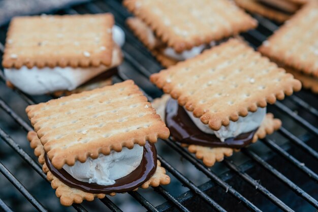 Foto smores torrados com marshmallows e chocolate na grelha