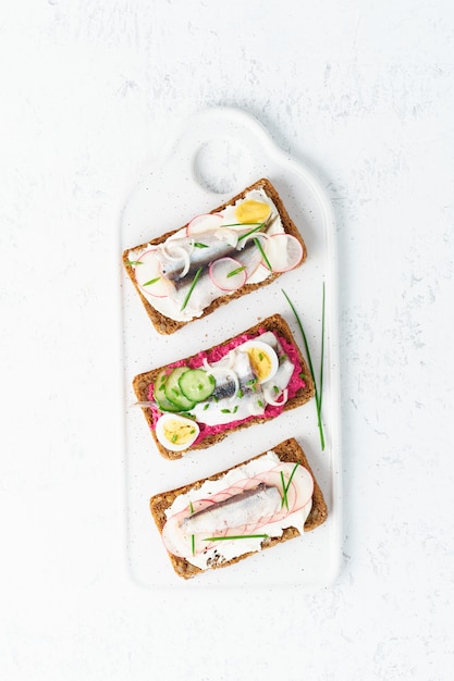 Smorrebrod salado, conjunto de bocadillos daneses tradicionales. Pan de centeno negro con anchoa, remolacha, rábano, huevos, queso crema en plato gris sobre mesa de piedra blanca