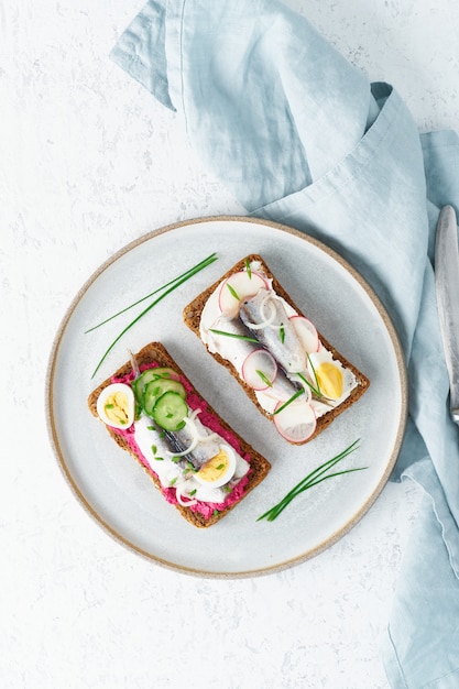 Smorrebrod salado, dos sándwiches tradicionales daneses. Pan de centeno negro con anchoa, remolacha