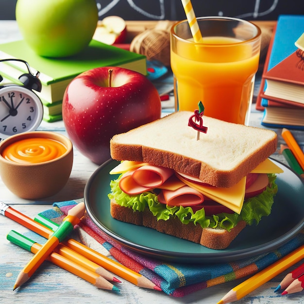 Snack für die Schule mit Sandwich, frischem Apfel- und Orangensaft, farbenfrohe Schulnahrungsmittel