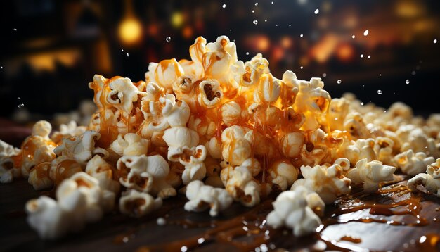 Snack gourmet fresco em fundo escuro indulgência assistindo a um filme gerado por inteligência artificial