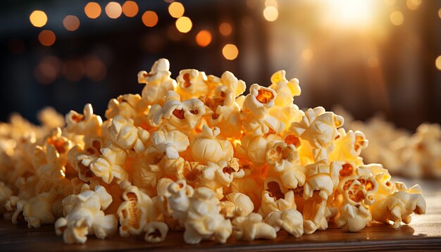 Foto snack gourmet fresco en una mesa de madera viendo una película en el fondo generada por la ia