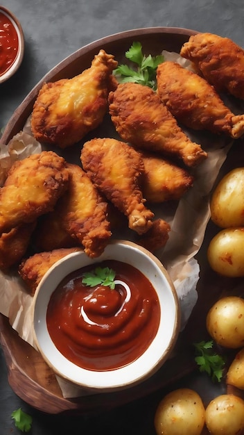 Snack de pollo crujiente con salsa y patatas