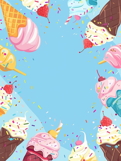 Snack de la temporada de verano Helado de fondo azul con espacio de texto Helado plano de estilo de dibujos animados de alta calidad