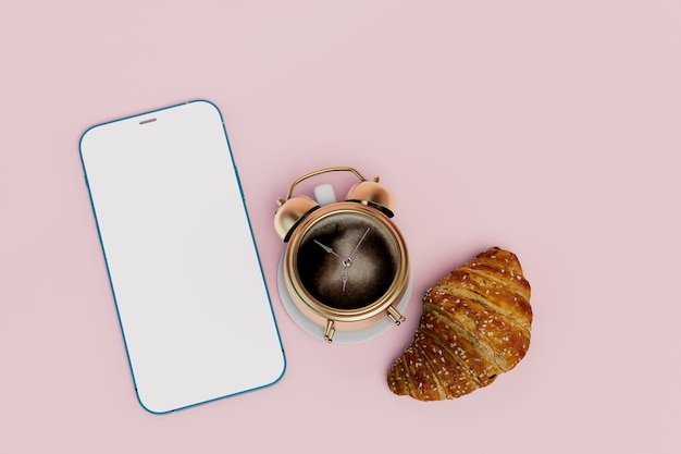 Snack während des Arbeitstages Smartphone eine Tasse Kaffee in Form von Wecker und Croissant