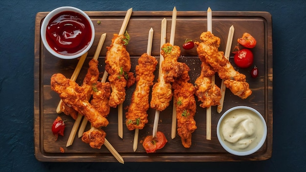 Snacks de frango crocante com ketchup em uma tábua de madeira