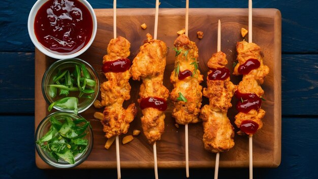 Snacks de frango crocante com ketchup em uma tábua de madeira