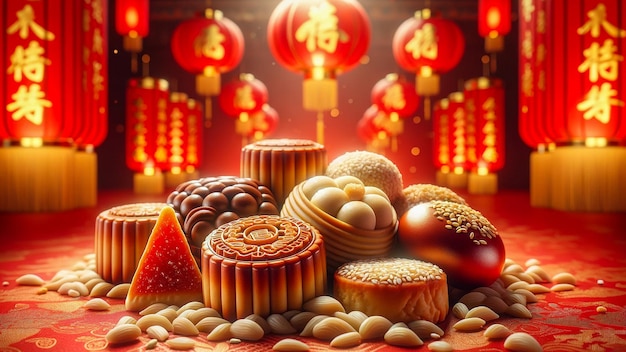 Snacks, die während des chinesischen Neujahrsfestivals angeboten werden Roter Ton Hintergrund KI Erzeugen Sie ein Bild