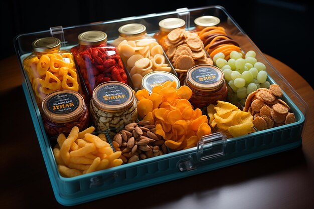 Snacks em caixas em cima de casa Fonte desfocada