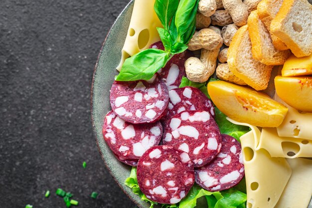 Snackteller Wurst Fleisch Käse Nüsse Pfirsich Obst Toastbrot geräuchert oder gepökelt Imbiss