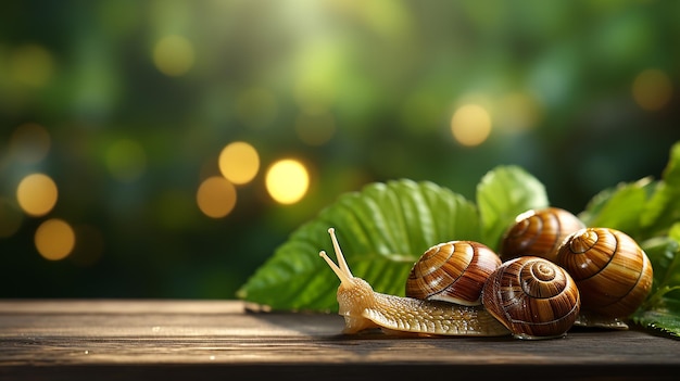 _snail_on_wood_plank_table_top_with_blur_park_green