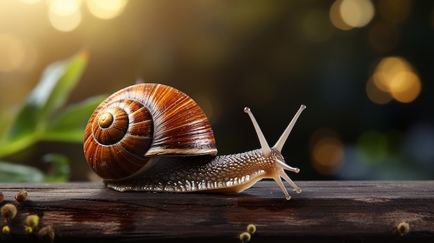 _snail_on_wood_plank_table_top_with_blur_park_green