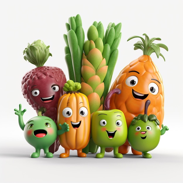 SnazzyJazzy hace feliz a un grupo lindo vegetal y fruta mascota 3d