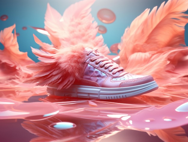 Sneaker com penas cor-de-rosa em superfície refletora design Y2K