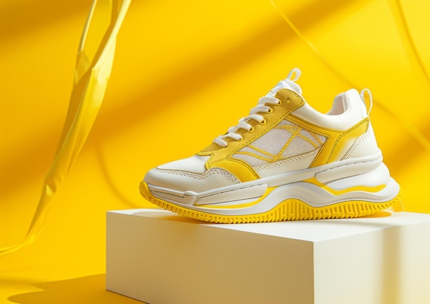 Sneakers amarelos brancos sapatos em exibição de palco branco com fundo simples