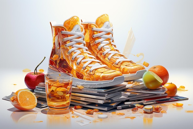 Sneakers brancos com salpicos de suco de laranja em um fundo branco renderização 3D