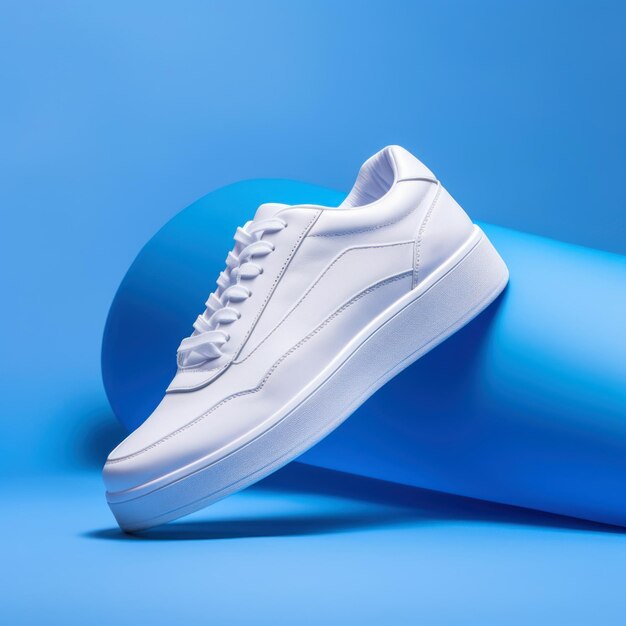 Sneakers brancos sobre um fundo azul conceito de esporte e estilo de vida saudável