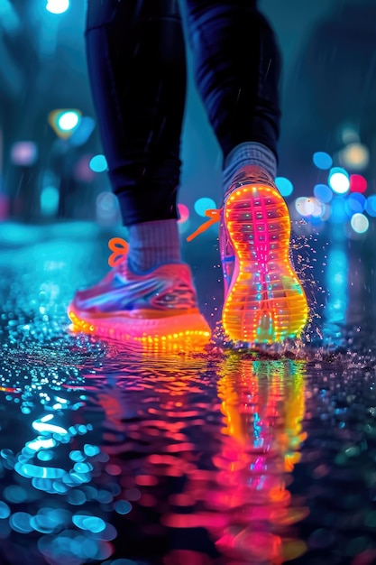 Foto sneakers coloridos e iluminados na chuva