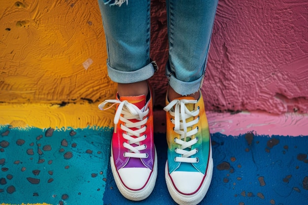 Foto sneakers coloridos em fundo pintado vibrante