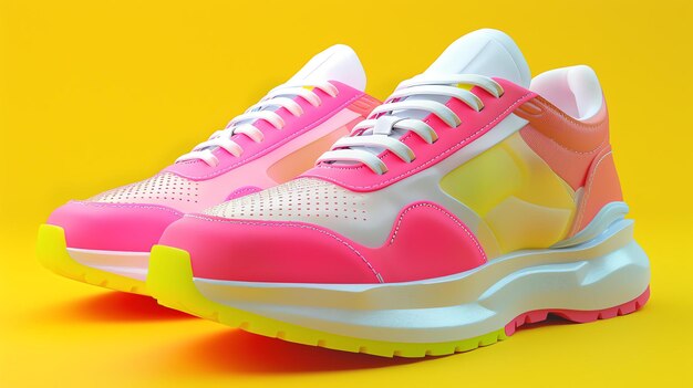 Sneakers coloridos em um fundo amarelo renderização 3D sapatos esportivos de moda