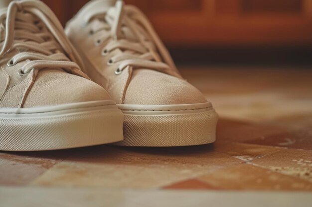 Sneakers de camurça bege e couro casual de moda minimalista