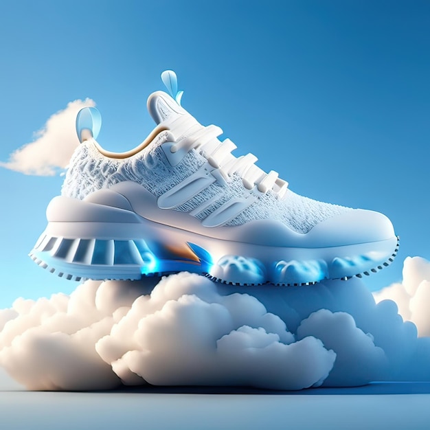 Foto sneakers de cor creme com fundo de nuvens