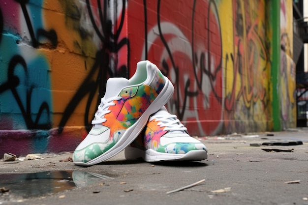 Sneakers econômicos em uma superfície de concreto contra uma parede de graffiti