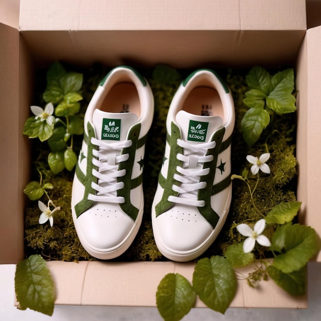 Foto sneakers feitos de folhas verdes e musgo pequenas flores brancas crescendo de musgo fundo branco b