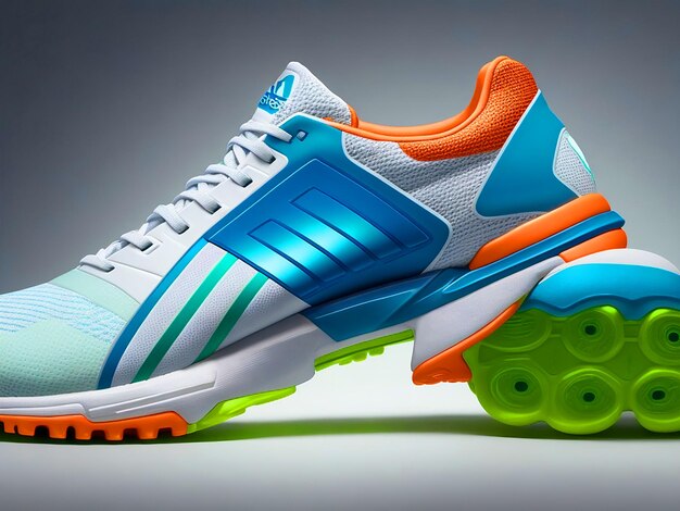 Sneakers futuristas Adidas projetados para azul verde laranja e cor branca fundo da imagem