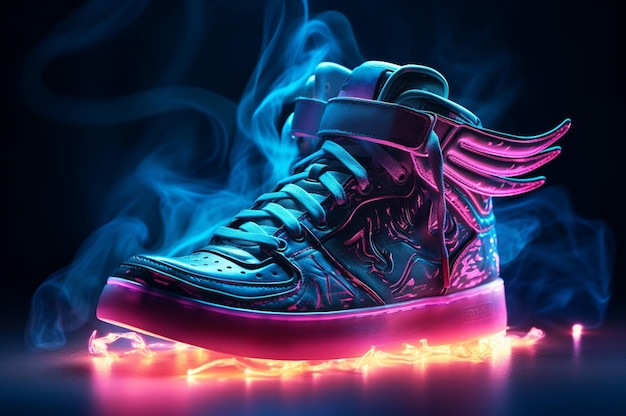 Sneakers hipster com luzes de néon ardentes e asas na rua de megapolis De volta à escola AI gerativa