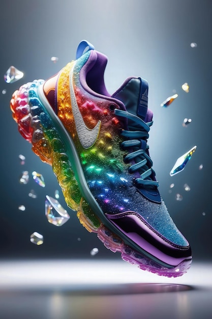 Foto sneakers mit bunten spritzen auf grauem hintergrund 3d-rendering