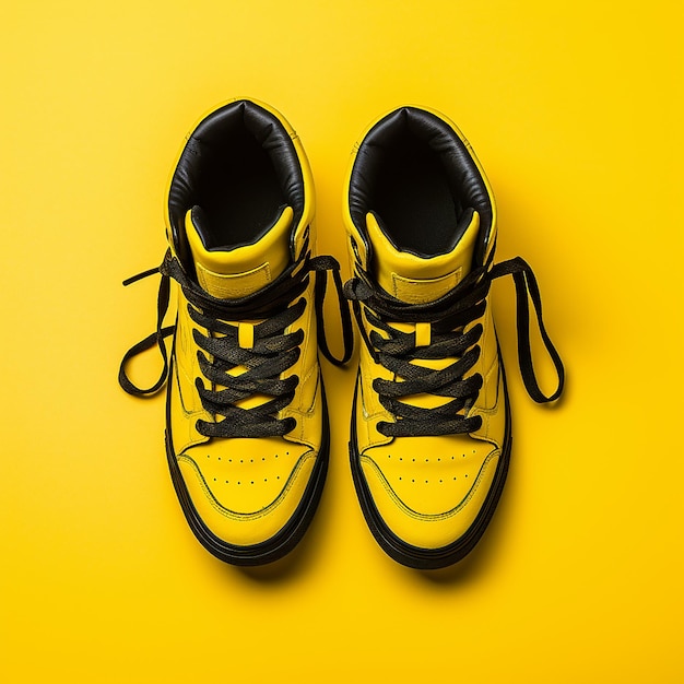 Foto sneakers pretos sobre um fundo amarelo no canto superior