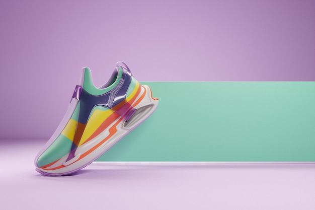 Sneakers unisex esportivos brilhantes em lona colorida com solas altas ilustração 3D